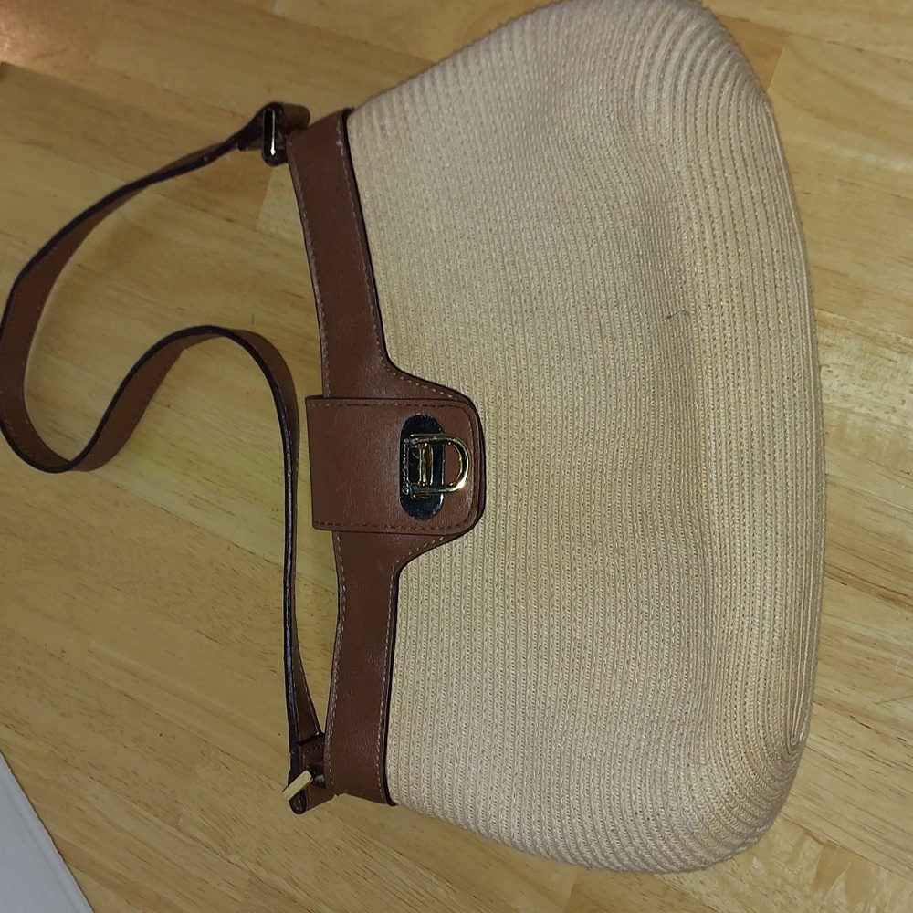 Liz Claiborne tan and brown woven shoulder handbag
